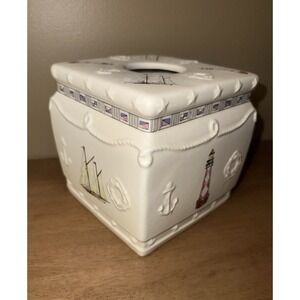 Ceramic Nautical Lighthouse Sailboat Tissue Box Cover Beach Coastal Decor White